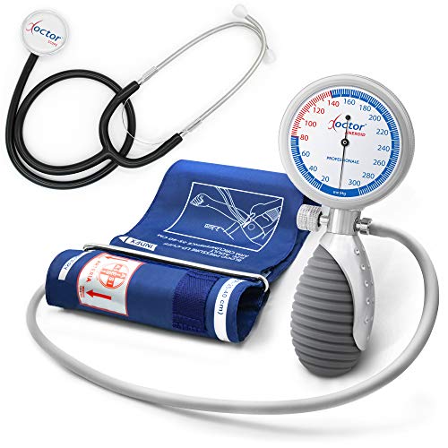 AIESI® Esfigmomanometro Manual Profesional Aneroide Tensiómetro palmar con brazalete de nylon para adultos y estetoscopio DOCTOR ANEROID # Agarre adjustable # Garantía 24 meses