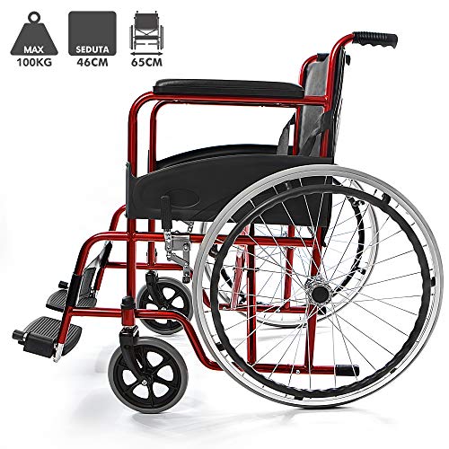 AIESI® Silla de Ruedas plegable ligera de autopropulsión para discapacitados y mayores AGILA BASIC # Reposabrazos y Reposapiés fijos # Cinturon de seguridad # Garantía de 24 meses