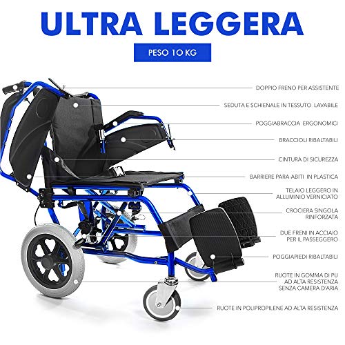 AIESI® Silla de Ruedas plegable Ultra-ligera de aluminio con freno para discapacitados y mayores AGILA TRANSIT # Doble sistema de frenado # Cinturon de seguridad # Garantía de 24 meses