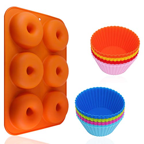 AIFUDA - Juego de 24 moldes de silicona para magdalenas y rosquillas antiadherentes, resistente al calor para hornear moldes para pasteles, magdalenas, galletas, bagels