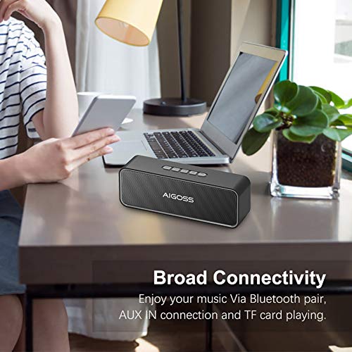 Aigoss Altavoz Bluetooth Portátil Sonido Estéreo, Efecto de Doble Bajo, Speaker Bluetooth 5.0 Manos Libres y FM, Negro