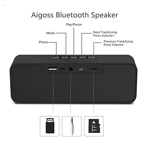 Aigoss Altavoz Bluetooth Portátil Sonido Estéreo, Efecto de Doble Bajo, Speaker Bluetooth 5.0 Manos Libres y FM, Negro