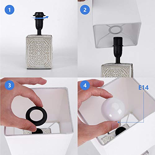 Aigostar 197063 - Lámpara de cerámica de mesa, cuerpo cuadrado con grabado, pantalla de tela cuadrada color blanco, casquillo E14. Perfecta para el salón, dormitorio o recibidor.Beige Cuadrada