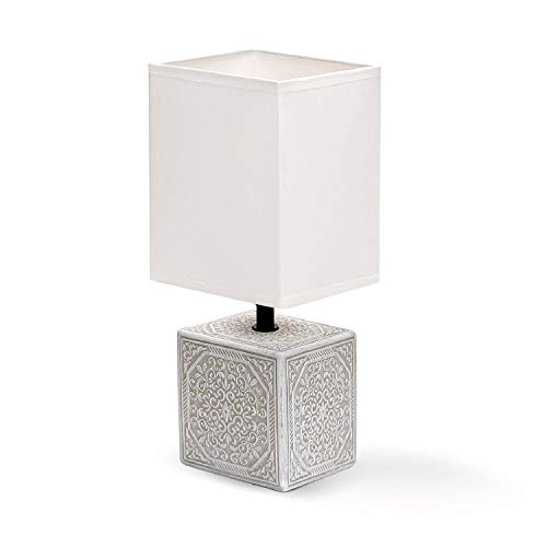 Aigostar 197063 - Lámpara de cerámica de mesa, cuerpo cuadrado con grabado, pantalla de tela cuadrada color blanco, casquillo E14. Perfecta para el salón, dormitorio o recibidor.Beige Cuadrada