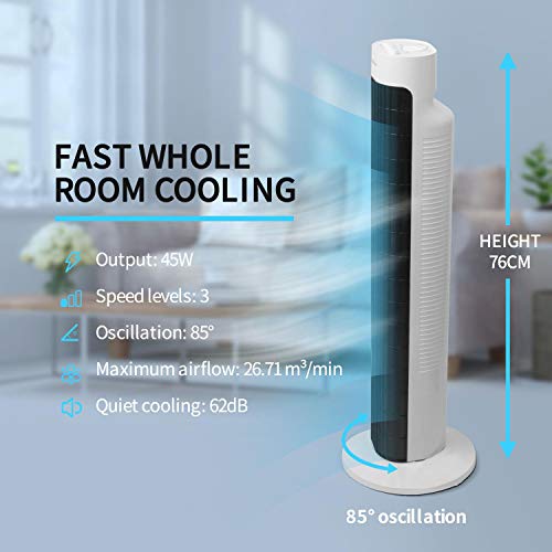 Aigostar 33JTS - Ventilador de torre oscilante, temporizador programable, 3 velocidades, motor de 45 W, oscilación de 85º y altura de 76 cm. Color blanco y negro. Aigostar 33JTS - Ventilador de torre oscilante, temporizador programable, 3 velocidades, motor de 45 W, oscilación de 85º y altura de 76 cm. Color blanco y negro.