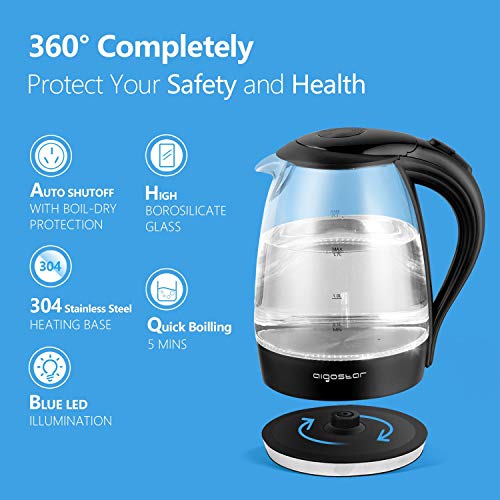Aigostar Adam 30GOM - Hervidor de Cristal, Hervidores Eléctrico con Iluminación Led de 1,7 Litros de Capacidad, 2200w de Potencia, Libre de BPA y Sistema de Protección Contra la Ebullición en Seco. Diseño Exclusivo.