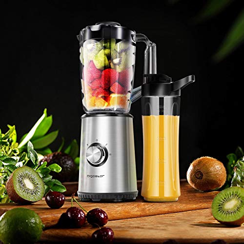 Aigostar Baron - Batidora de vaso, Licuadora Portatil 350W para Smoothies. Jarra 1 litro, botella 600ml, 2 controles de velocidad, tapón dosificador, función P y cuerpo de acero. Libre de BPA.