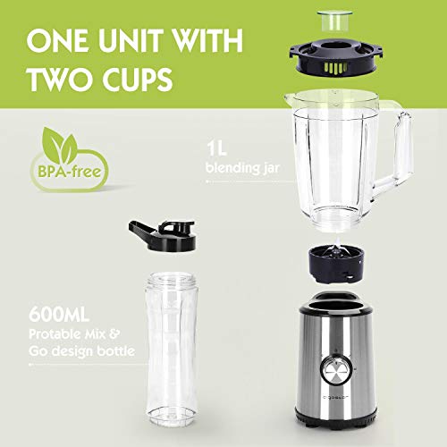 Aigostar Baron - Batidora de vaso, Licuadora Portatil 350W para Smoothies. Jarra 1 litro, botella 600ml, 2 controles de velocidad, tapón dosificador, función P y cuerpo de acero. Libre de BPA.