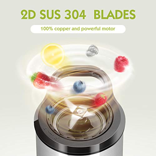 Aigostar Baron - Batidora de vaso, Licuadora Portatil 350W para Smoothies. Jarra 1 litro, botella 600ml, 2 controles de velocidad, tapón dosificador, función P y cuerpo de acero. Libre de BPA.