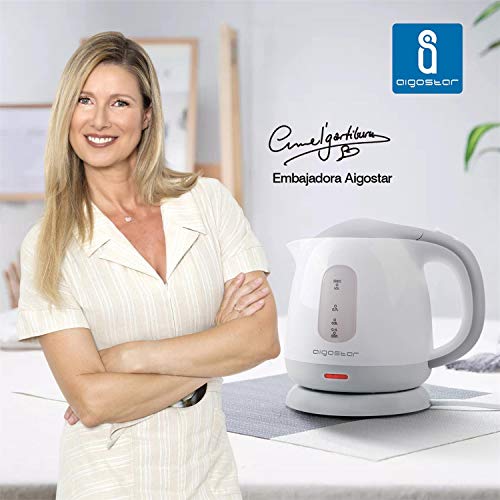 Aigostar Juliet 30Hio - Hervidor de Agua Compacto de 1 Litro, 1100W, Libre de Bpa. Base 360º, Filtro Desmontable, Sistema de Protección Contra la EbullicióN en Seco. Color Gris y Blanco. Diseño Exclusivo.