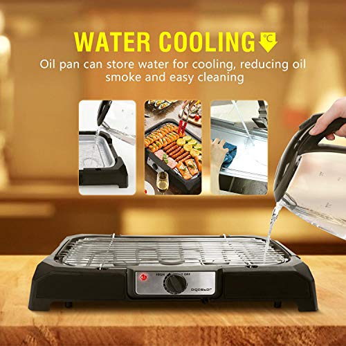 Aigostar Lava 31LDQ– Barbacoa eléctrica, Grill, 2000W, bandeja recoge grasa, uso con agua: evita los humos, uso en interiores, termostato, superficie antiadherente, apta para lavavajillas.