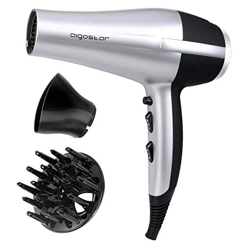 Aigostar Secador profesional de pelo en color plateado y negro con difusor y accesorios. 2200 watios. Diseño exclusivo de Aigostar.
