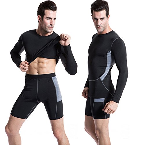 AiJump 2 Piezas Camiseta Mangas Largas con Mallas Cortas de Compresión Deportiva Delgada para Hombre Deportes Gimnasio Quema Grasas Adelgazante