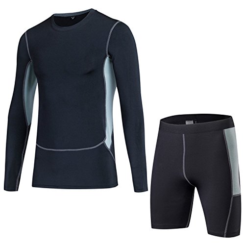 AiJump 2 Piezas Camiseta Mangas Largas con Mallas Cortas de Compresión Deportiva Delgada para Hombre Deportes Gimnasio Quema Grasas Adelgazante