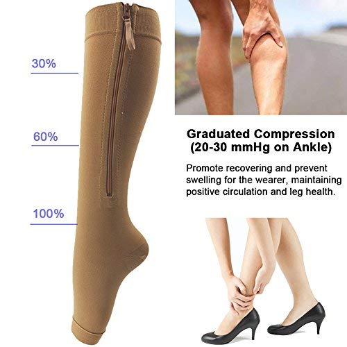 Ailaka Médico de la cremallera Becerro compresión Calcetines 20-30 mmHg para Beige Pequeña