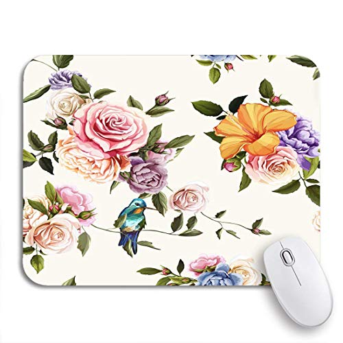 AIMILUX Alfombrilla Raton Alfombrilla Gaming Alfombrilla,Colibrí Rosas Clavel y peonía Hojas en Blanco,para computadora con Base de Goma Antideslizante para Laptop con computadora y PC