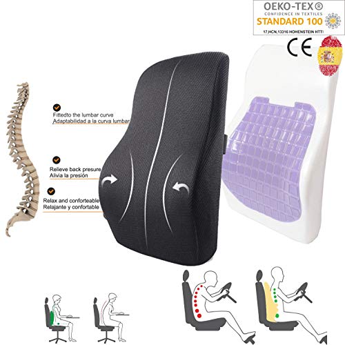 AIMO Spain Cojín Respaldo Lumbar CM-004 ortopédico ergonómico viscoelastico con Gel para prevenir Dolores lumbares y ciática, Silla, para Asiento, Coche, Oficina