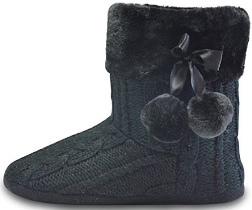 AIREE FAIREE Zapatillas de Casa para Mujer Pantuflas Mujer Invierno Casa con Bordes del Tejido de Punto y Pompons (EU 40/41, Negro)