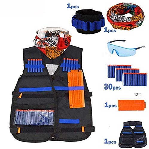 Airtana Chaqueta Chaleco Táctico de Los Niños ,30 Dardos Bullets Bola de Repuesto + Protección Gafas +1 Pinzas de Repuesto Rápido para Cargadores +Bufanda para Pistolas Nerf Serie Elite Strike
