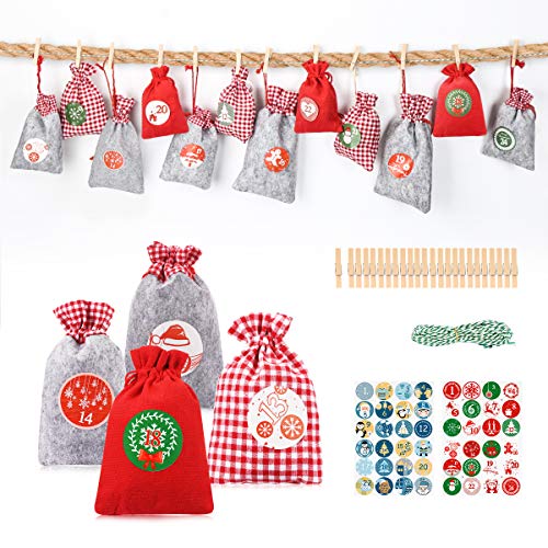 Aitsite 24 PCS Bolsa Calendario Adviento Bolsas Dulces Navidad Santa, Bag, 24 Bag de Tela + 48 Pegatinas Papel + 24 Mini Clips Madera +1 Cordones de Yute(10m)