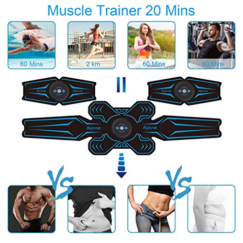 Aiyivve Electroestimulador Muscular, Estimulador Abdominal USB Recargable Estimulador Muscular para Abdominales/Brazo/Piernas/Glúteos, 6 Modos y 9 Niveles de Intensidad, Almohadillas de Gel 14pcs