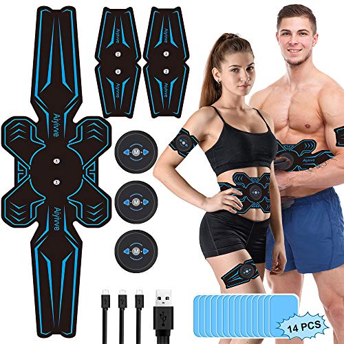 Aiyivve Electroestimulador Muscular, Estimulador Abdominal USB Recargable Estimulador Muscular para Abdominales/Brazo/Piernas/Glúteos, 6 Modos y 9 Niveles de Intensidad, Almohadillas de Gel 14pcs