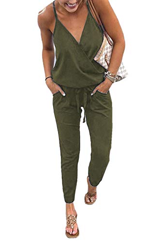 Ajpguot Verano Mujer V-Cuello Sin Mangas Monos Color sólido Mamelucos Sexy Sin Respaldo Jumpsuits de Playa Rompers (L, Ejército Verde)