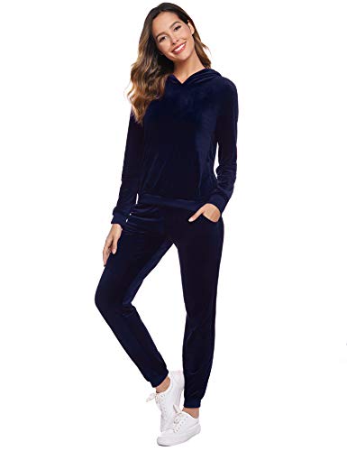Akalnny Chándal Conjunto Mujer de Terciopelo Informal Sudadera de Manga Larga con Capucha + Pantalones de Cintura Alta Trajes Azul Marino