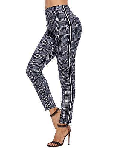 Akalnny Mallas de Deports Largas Pantalones Deportivos Leggings Mujer Elásticos Pantalon Patrón de Cuadros con Banda Lateral para Yoga Running Fitness