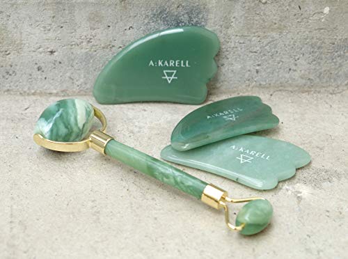 Akarell Rodillo De Jade Autentico Y Gua Sha 100% Real Piedra Masaje Faciales Natural Antienvejecimiento Para Cuello Cara Ojos Cuerpo Masajeador Con Cristal Jade Roller Facial Cuarzo Massager