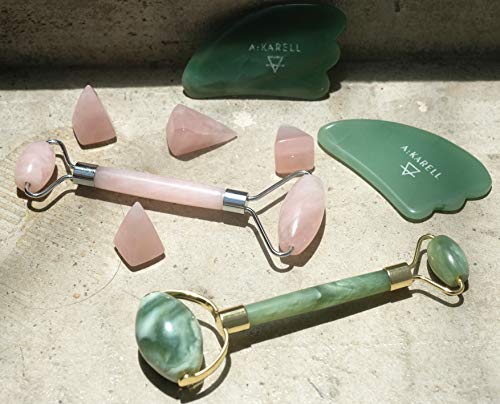 Akarell Rodillo De Jade Autentico Y Gua Sha 100% Real Piedra Masaje Faciales Natural Antienvejecimiento Para Cuello Cara Ojos Cuerpo Masajeador Con Cristal Jade Roller Facial Cuarzo Massager