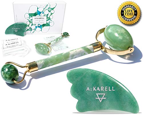 Akarell Rodillo De Jade Autentico Y Gua Sha 100% Real Piedra Masaje Faciales Natural Antienvejecimiento Para Cuello Cara Ojos Cuerpo Masajeador Con Cristal Jade Roller Facial Cuarzo Massager