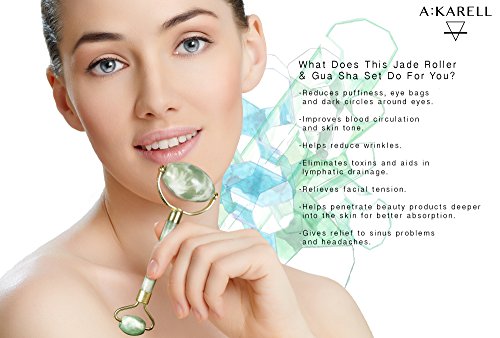 Akarell Rodillo De Jade Autentico Y Gua Sha 100% Real Piedra Masaje Faciales Natural Antienvejecimiento Para Cuello Cara Ojos Cuerpo Masajeador Con Cristal Jade Roller Facial Cuarzo Massager