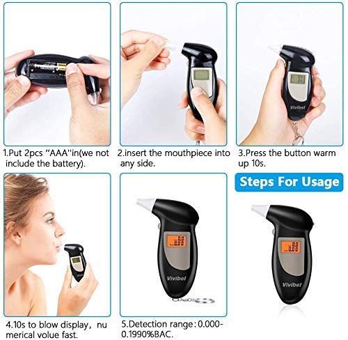 Alcoholimetro Digital, Profesional Probador de Alcohol, Probador de Alcohol portátil con Pantalla LCD, Alcoholimetro Tecnología de Sensor semiconductor, 10 boquillas
