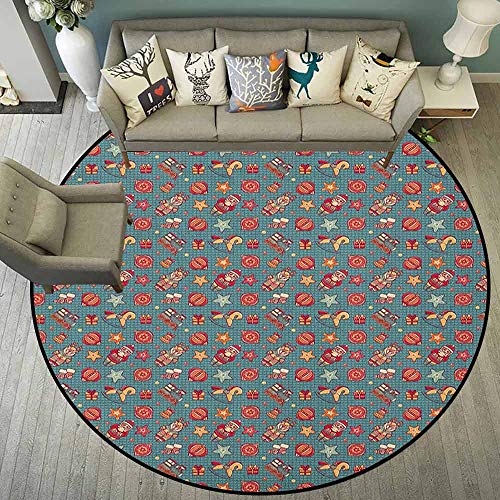 Alfombra de Navidad para lavandería o lavandería, redonda, multicolor, composición de Noel Elements, Santa y reno sobre fondo de corazones, alfombra resistente antideslizante (redonda 160 cm x 160 cm)