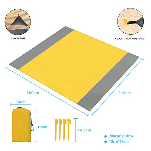 Alfombra de Playa Portátil Manta de Picnic Impermeable, Ligera Estera de Playa Plegable Anti-Arena con Estaca Fijo y Mosquetón para Playa Picnic Parque Senderismo Acampa 210*200cm, Amarillo y Gris