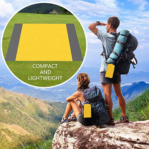 Alfombra de Playa Portátil Manta de Picnic Impermeable, Ligera Estera de Playa Plegable Anti-Arena con Estaca Fijo y Mosquetón para Playa Picnic Parque Senderismo Acampa 210*200cm, Amarillo y Gris
