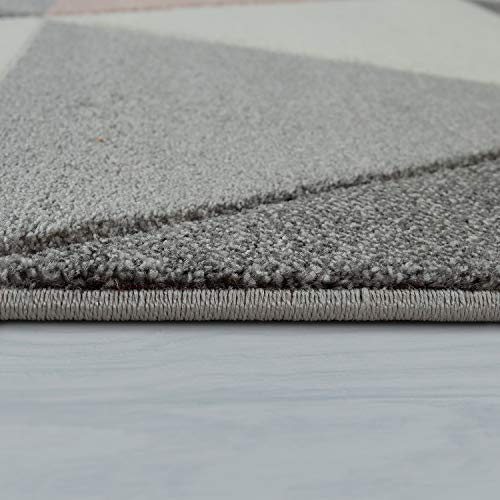 Alfombra Salón Rosa Gris Tonos Pastel Diseño 3D Motivo Triángulos Pelo Corto, tamaño:80x150 cm