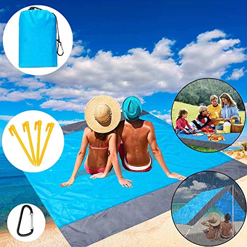 Alfombras de Playa, Toalla Playa Gigante 200 x 210cm,con 4 Estaca Fijo, Portátil y Ligero Manta Picnic Anti-Arena Impermeable para la Playa,Picnic y Otra Actividad al Aire Libre (Azul + Gris)