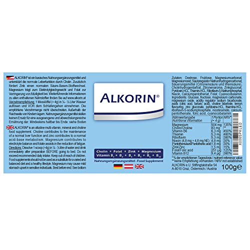 ALKORIN Polvo base con magnesio, zinc, ácido fólico, colina y vitamina B1 + B2 + B3 + B5 + B6 + B12 para apoyar la función hepática (100G para 25 suministros) Cidro