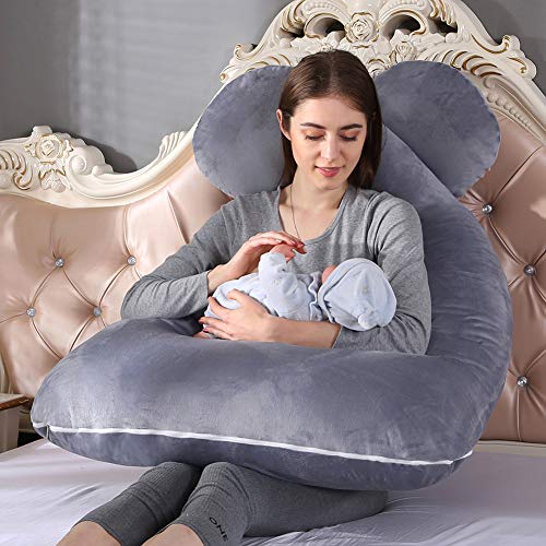 Almohada de embarazo, almohada de cuerpo completo con forma de U grande, 100% algodón con funda de terciopelo reemplazable y lavable para dormir y alimentar, 70 x 145 cm gris (Gris)