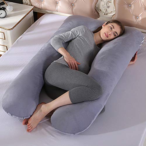 Almohada de embarazo, almohada de cuerpo completo con forma de U grande, 100% algodón con funda de terciopelo reemplazable y lavable para dormir y alimentar, 70 x 145 cm gris (Gris)