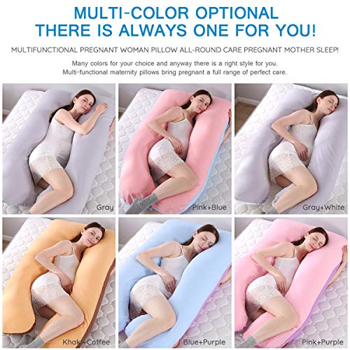 Almohada de embarazo, incluye funda de almohada de algodón, almohadas de maternidad para mujeres embarazadas con forma de U, funda de almohada desmontable y lavable, 70 x 145 cm (Gris + blanco)