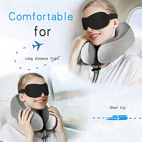 Almohada de Viaje Cervical Viscolástica Ortopédica - Cojin Cuello Viaje de Espuma de Memoria para Avión y Coche, con Máscara de Ojos y Enchufe de Oído