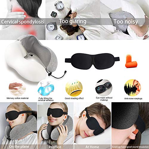 Almohada de Viaje Cervical Viscolástica Ortopédica - Cojin Cuello Viaje de Espuma de Memoria para Avión y Coche, con Máscara de Ojos y Enchufe de Oído