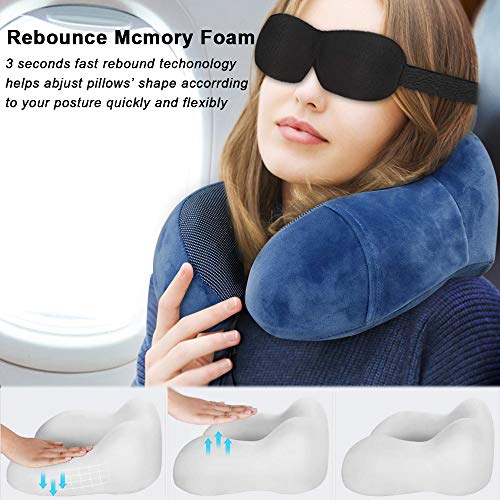 Almohada de Viaje, Guenx Almohada Ortopédica Cervical, con Máscara de Ojos,Tapones y Bolsa con Cordón, Viaje Suave para el Cuello Soporte Cervical Ideal para el Uso del Avión y el Hogar