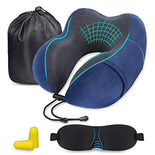 Almohada de Viaje, Guenx Almohada Ortopédica Cervical, con Máscara de Ojos,Tapones y Bolsa con Cordón, Viaje Suave para el Cuello Soporte Cervical Ideal para el Uso del Avión y el Hogar