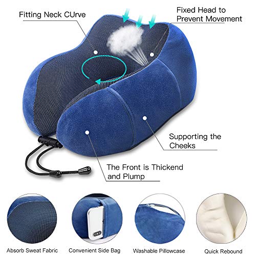 Almohada de Viaje, Guenx Almohada Ortopédica Cervical, con Máscara de Ojos,Tapones y Bolsa con Cordón, Viaje Suave para el Cuello Soporte Cervical Ideal para el Uso del Avión y el Hogar