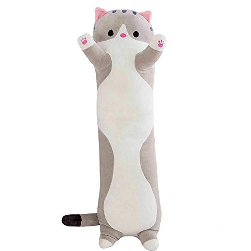 Almohada para abrazar a un gato dormido, linda almohada de felpa para gato almohada suave para gatito almohada para dormir de gato largo cojín regalo para niños, novia (gris, 50cm)