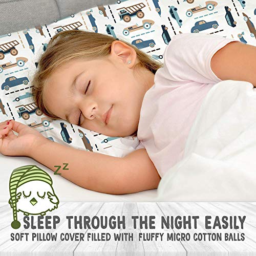 Almohada para niños con funda - Almohada para bebés de algodón orgánico suave 13x18 para dormir - Lavable e Respirable - Niños, bebés y recién nacidos - Perfecto para viajar (Vroom)